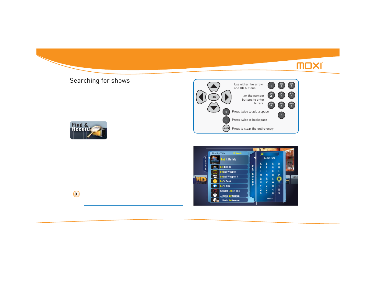 Searching for shows, Searching by title or keyword, Using moxi 12 | Record, Record find | Moxi Version 4.1 User Manual | Page 19 / 109