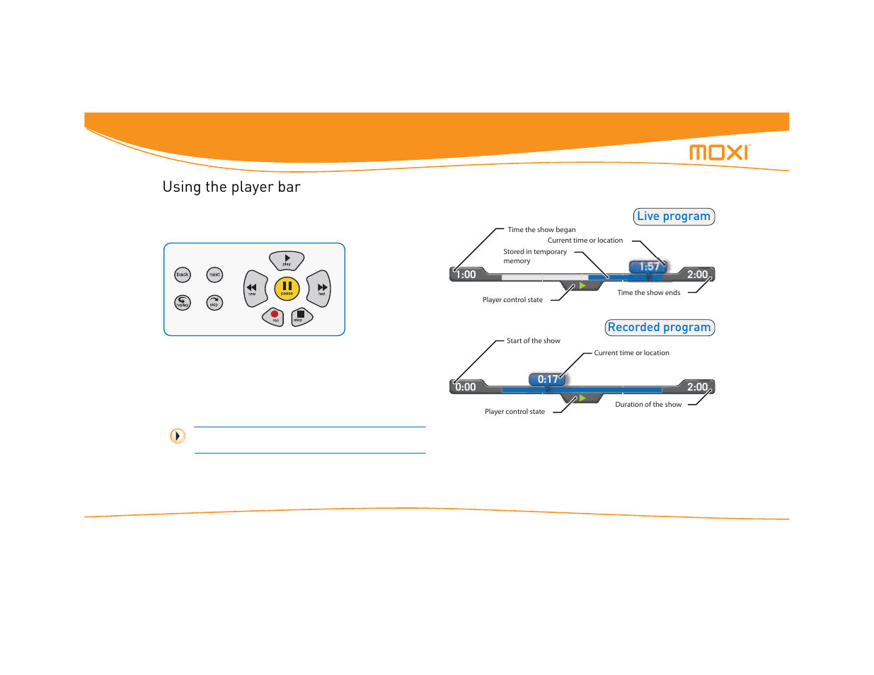 Using the player bar | Moxi Version 4.1 User Manual | Page 21 / 109