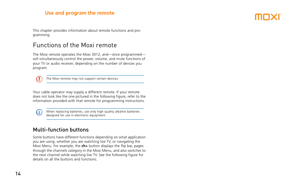 Functions of the moxi remote, Multi-function buttons | Moxi 3012 User Manual | Page 14 / 82