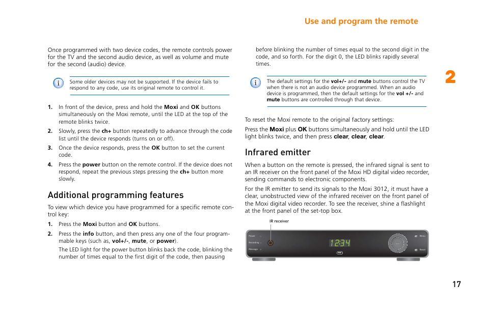 Additional programming features, Infrared emitter, Additional programming features infrared emitter | Use and program the remote 17 | Moxi 3012 User Manual | Page 17 / 82