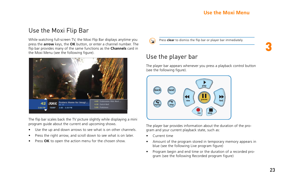 Use the moxi flip bar, Use the player bar, Use the moxi flip bar use the player bar | Use the moxi menu 23 | Moxi 3012 User Manual | Page 23 / 82