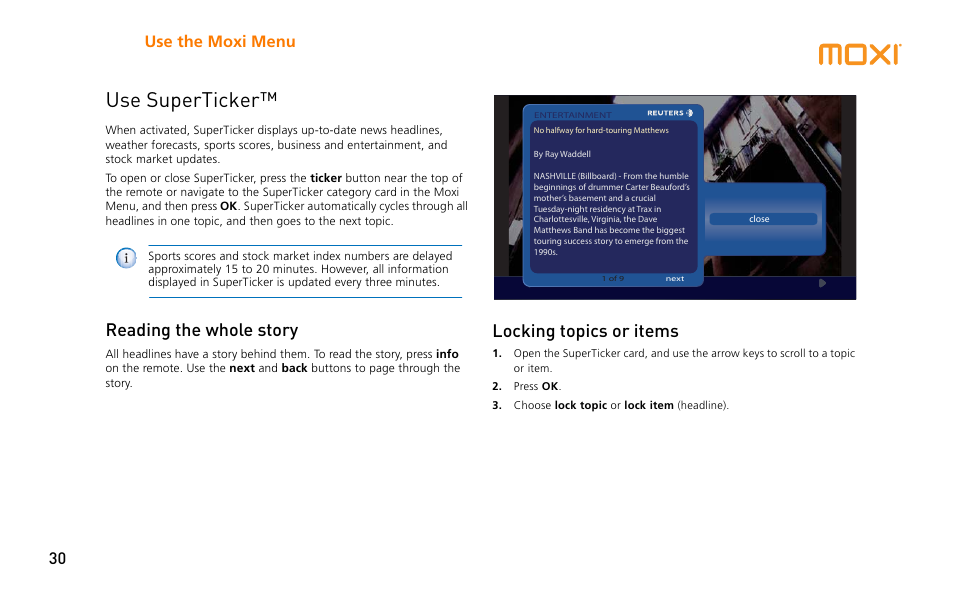 Use superticker, Reading the whole story, Locking topics or items | Use the moxi menu 30 | Moxi 3012 User Manual | Page 30 / 82