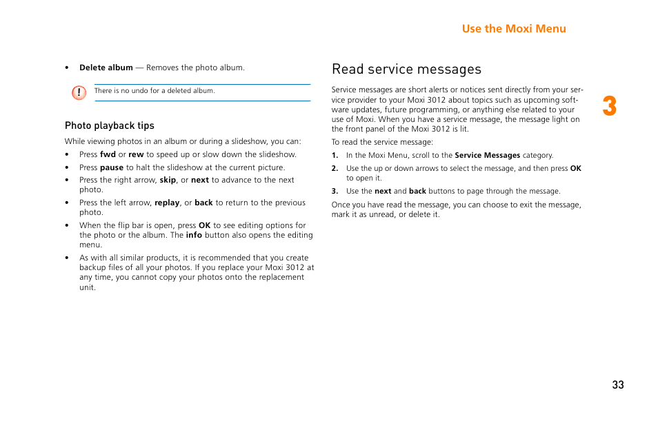 Read service messages, Use the moxi menu 33 | Moxi 3012 User Manual | Page 33 / 82
