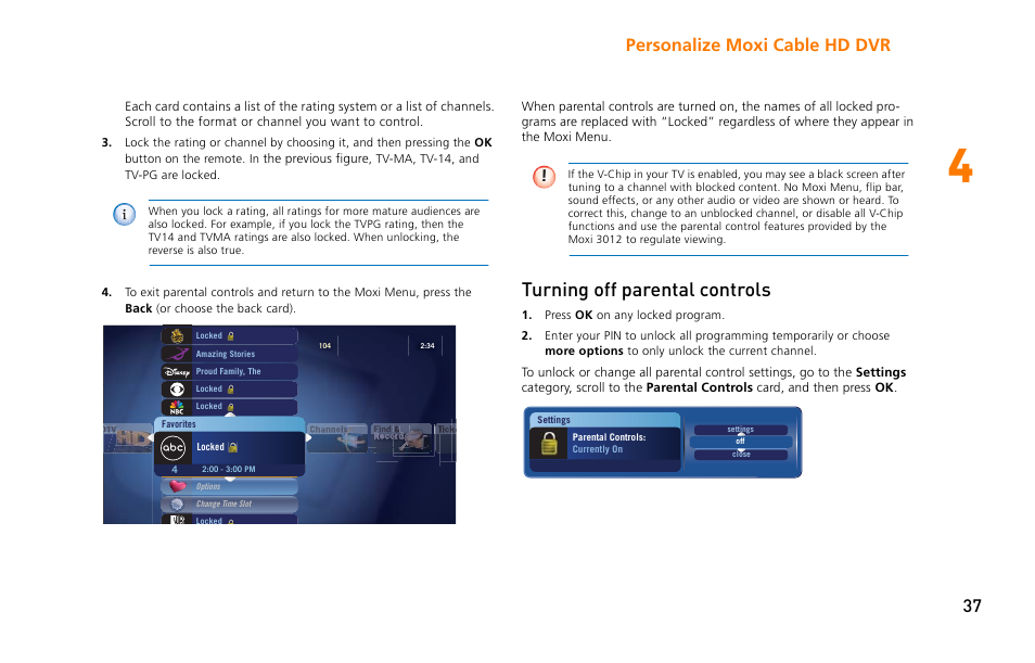 Turning off parental controls, Personalize moxi cable hd dvr 37 | Moxi 3012 User Manual | Page 37 / 82