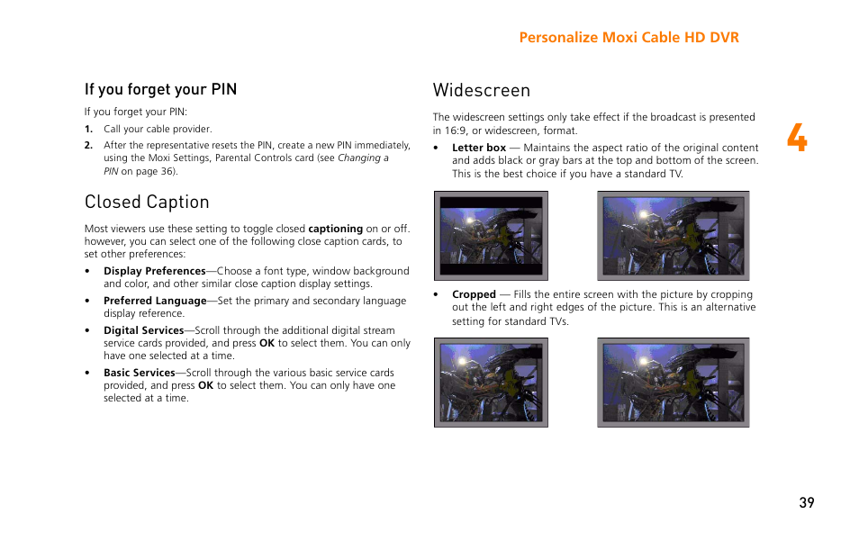If you forget your pin, Closed caption, Widescreen | Closed caption widescreen | Moxi 3012 User Manual | Page 39 / 82