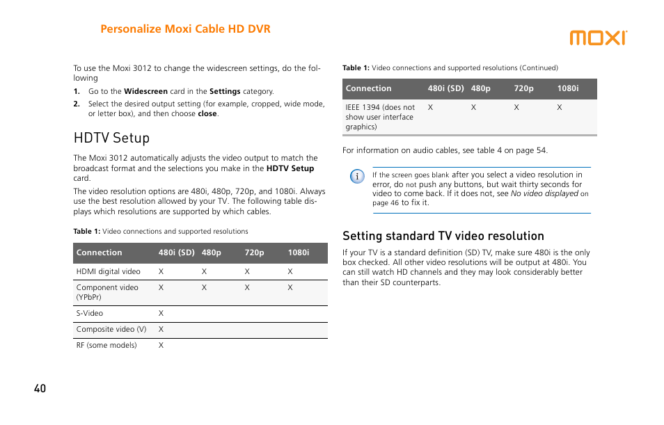 Hdtv setup, Setting standard tv video resolution, Personalize moxi cable hd dvr 40 | Moxi 3012 User Manual | Page 40 / 82