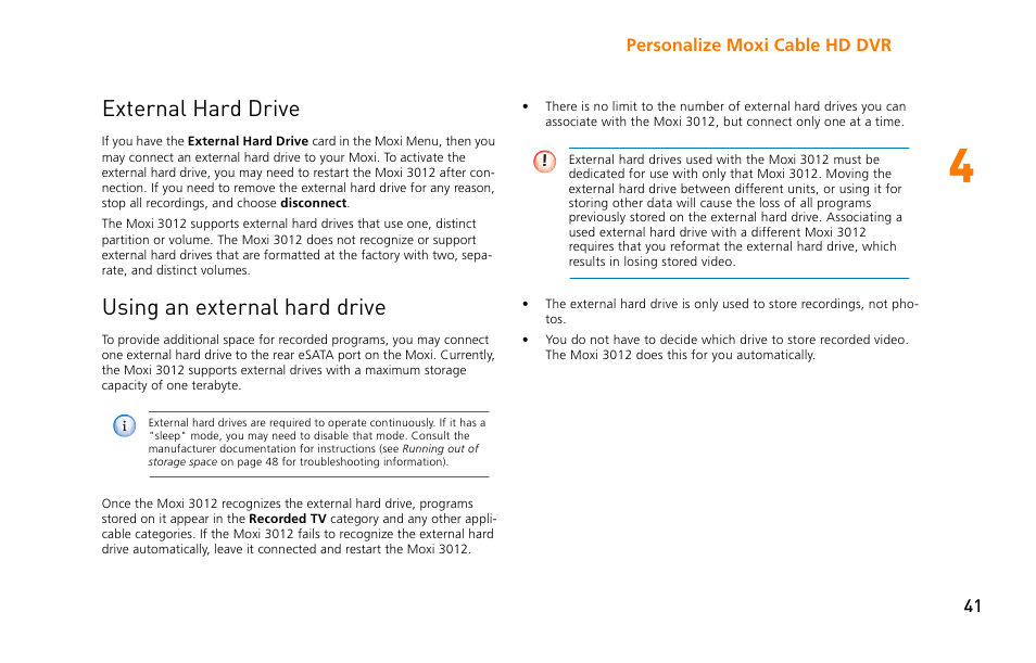 External hard drive, Using an external hard drive, External hard drive using an external hard drive | Moxi 3012 User Manual | Page 41 / 82