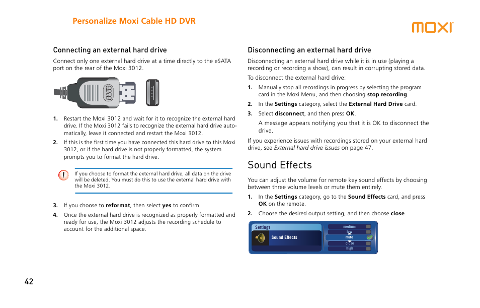 Sound effects, Personalize moxi cable hd dvr 42, Connecting an external hard drive | Disconnecting an external hard drive | Moxi 3012 User Manual | Page 42 / 82