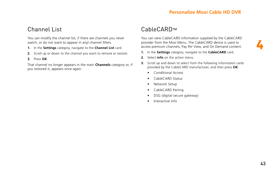 Channel list, Cablecardtm, Channel list cablecard | Cablecard, Personalize moxi cable hd dvr 43 | Moxi 3012 User Manual | Page 43 / 82