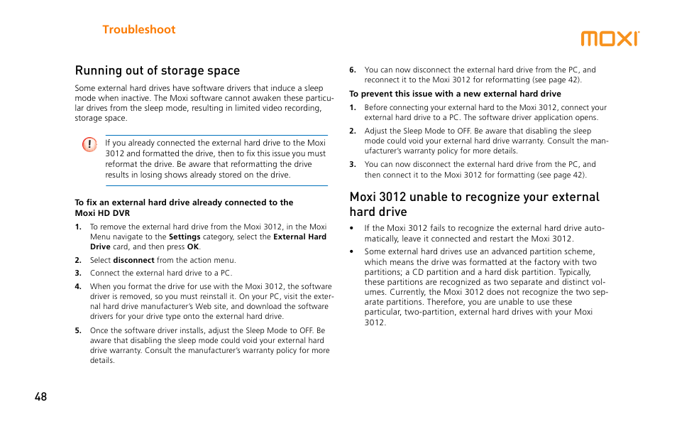 Running out of storage space, Your external hard drive, Troubleshoot 48 | Moxi 3012 User Manual | Page 48 / 82