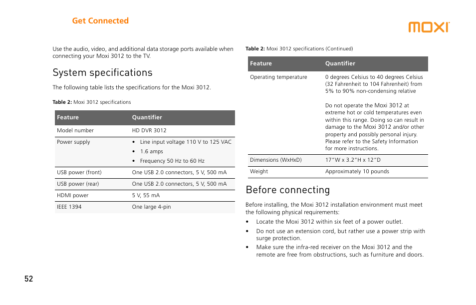 System specifications, Before connecting, System specifications before connecting | Get connected 52 | Moxi 3012 User Manual | Page 52 / 82