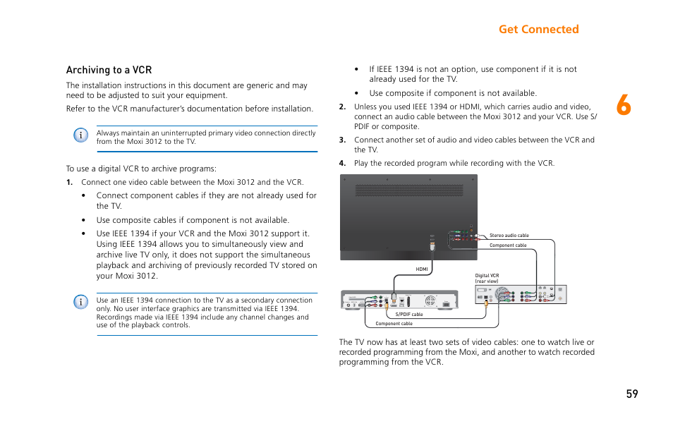 Get connected 59, Archiving to a vcr | Moxi 3012 User Manual | Page 59 / 82