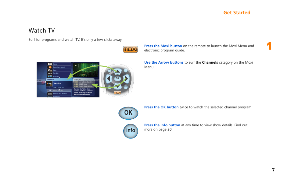 Watch tv, Info, Get started 7 | Moxi 3012 User Manual | Page 7 / 82