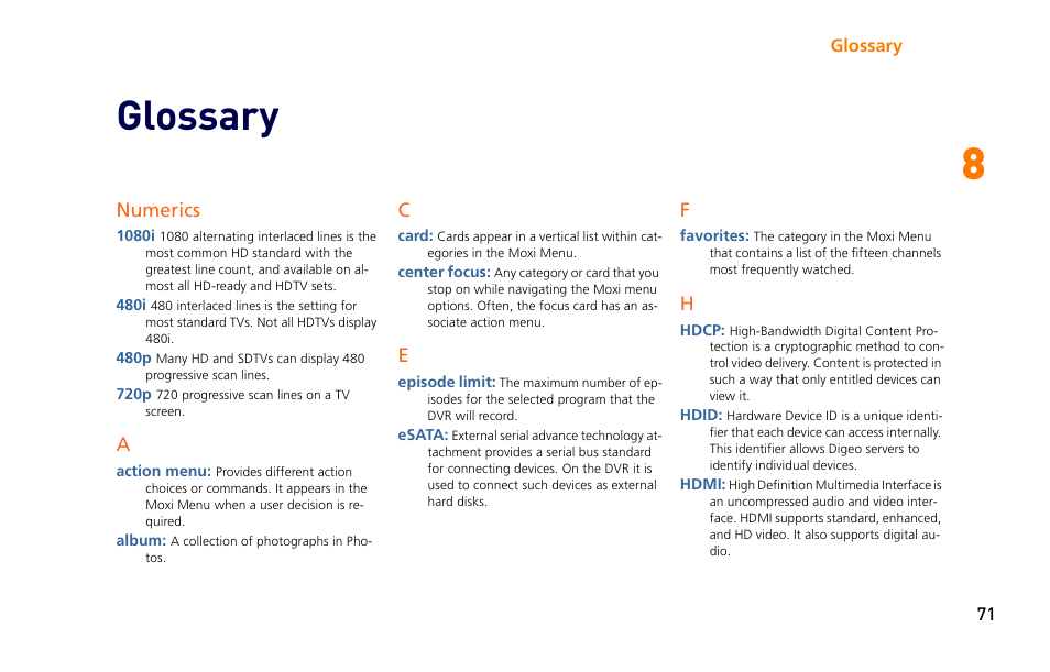 Glossary, Numerics | Moxi 3012 User Manual | Page 71 / 82