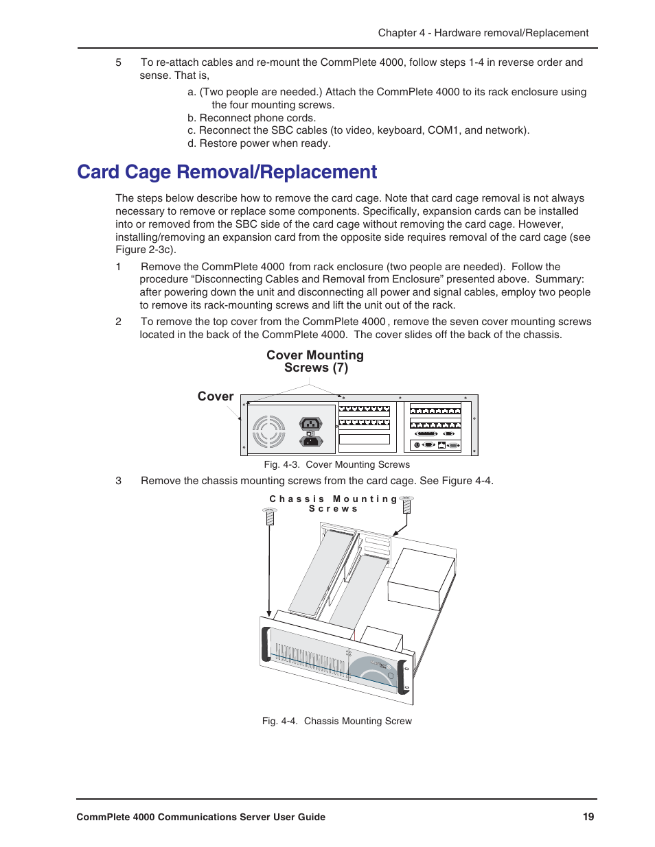 Card cage removal/replacement, Cover mounting screws (7) cover | Multi-Tech Systems Hub User Manual | Page 19 / 40