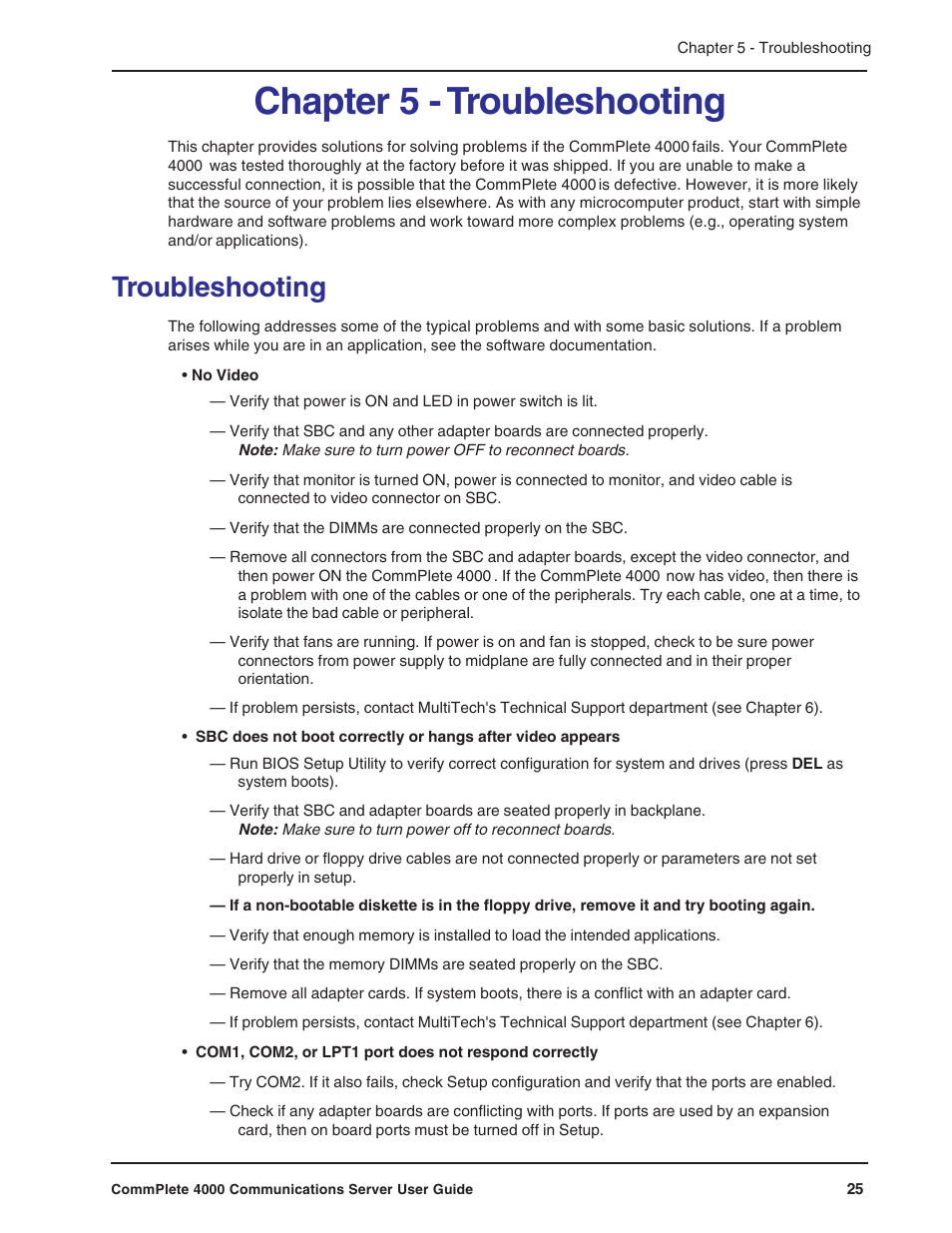 Chapter 5 - troubleshooting, Troubleshooting | Multi-Tech Systems Hub User Manual | Page 25 / 40