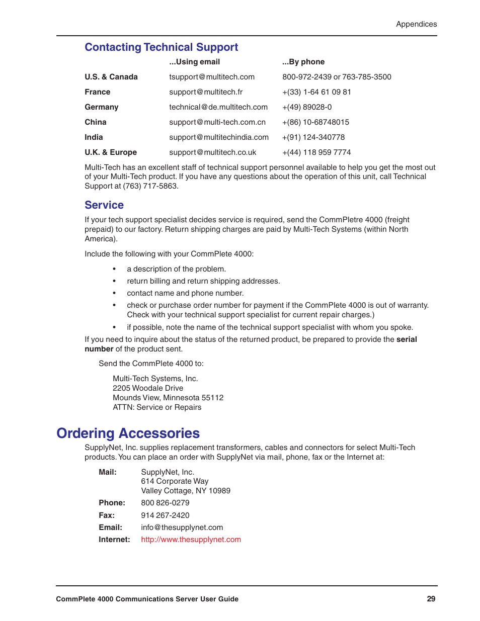 Contacting technical support, Service, Ordering accessories | Multi-Tech Systems Hub User Manual | Page 29 / 40