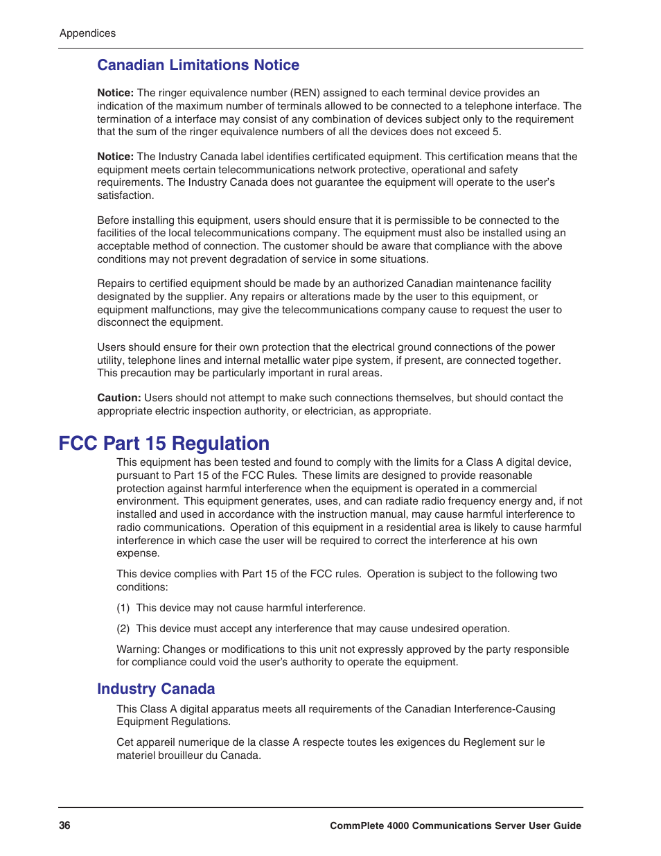 Canadian limitations notice, Compliance with babt requirements, Fcc part 15 regulation | Industry canada | Multi-Tech Systems Hub User Manual | Page 36 / 40