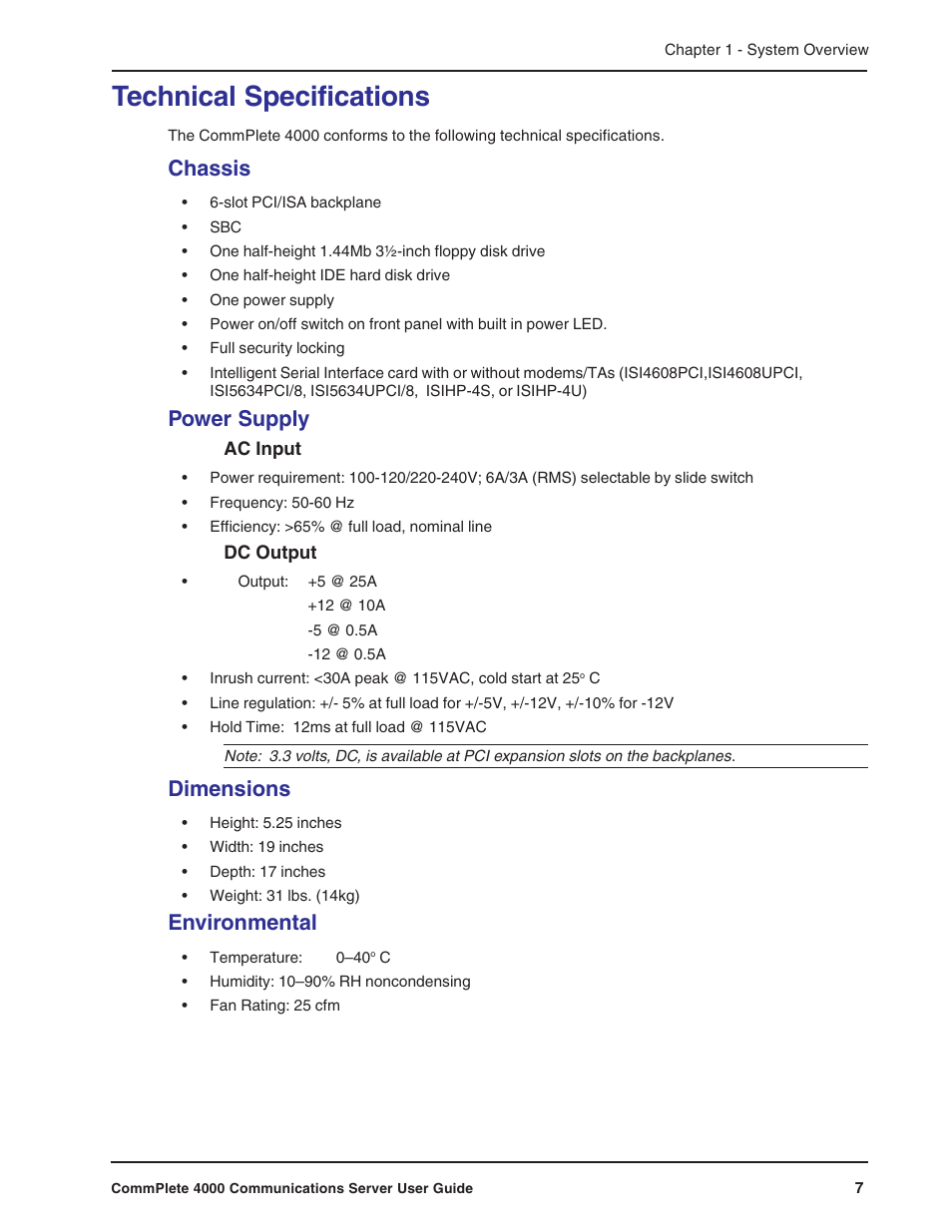 Technical specifications, Chassis, Power supply | Dimensions, Environmental, Chassis power supply | Multi-Tech Systems Hub User Manual | Page 7 / 40
