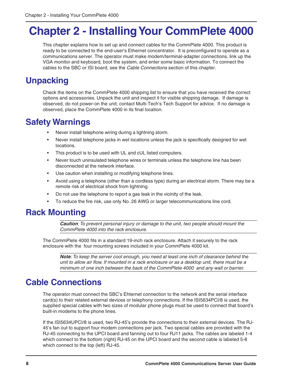 Chapter 2 - installing your commplete 4000, Unpacking, Safety warnings | Rack mounting, Cable connections, Dimensions environmental | Multi-Tech Systems Hub User Manual | Page 8 / 40