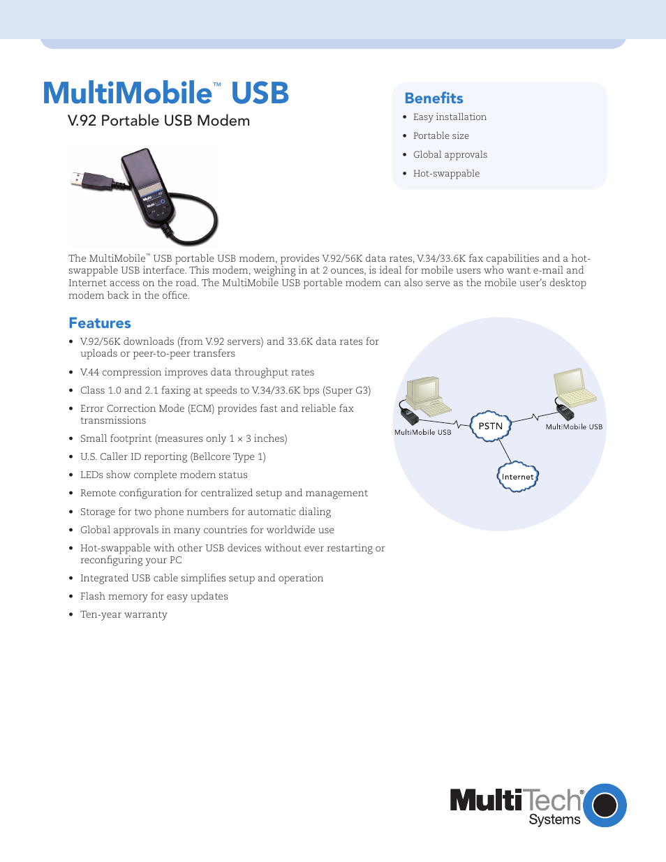 Multi-Tech Systems MultiMobile V.92/56K User Manual | 2 pages