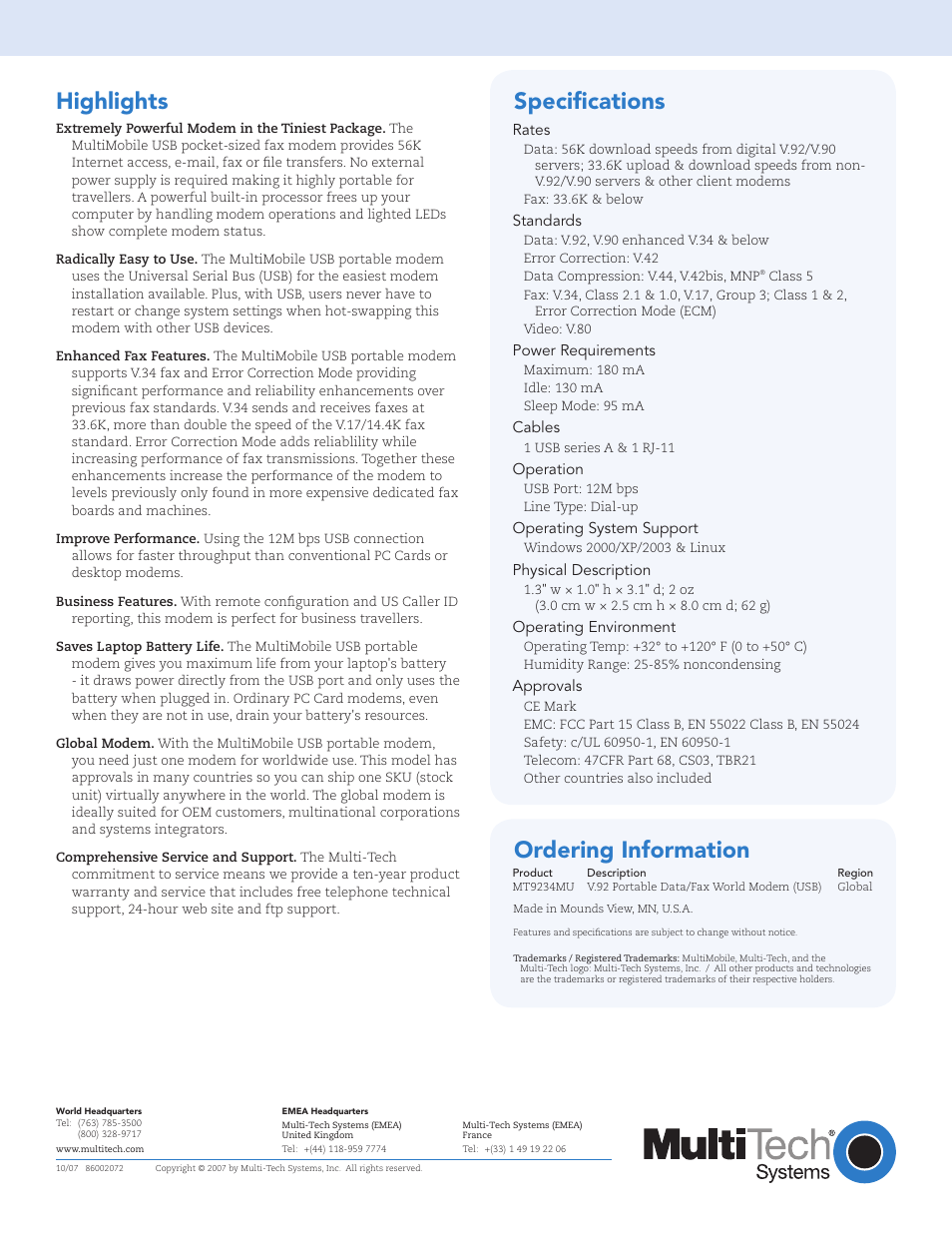 Highlights, Ordering information, Specifications | Multi-Tech Systems MultiMobile V.92/56K User Manual | Page 2 / 2