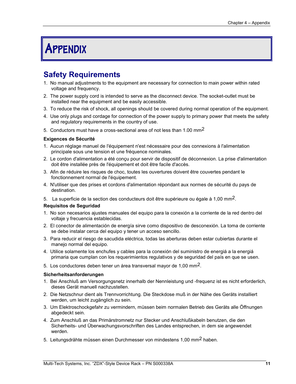 Ppendix, Safety requirements | Multi-Tech Systems ZDX Series User Manual | Page 11 / 13