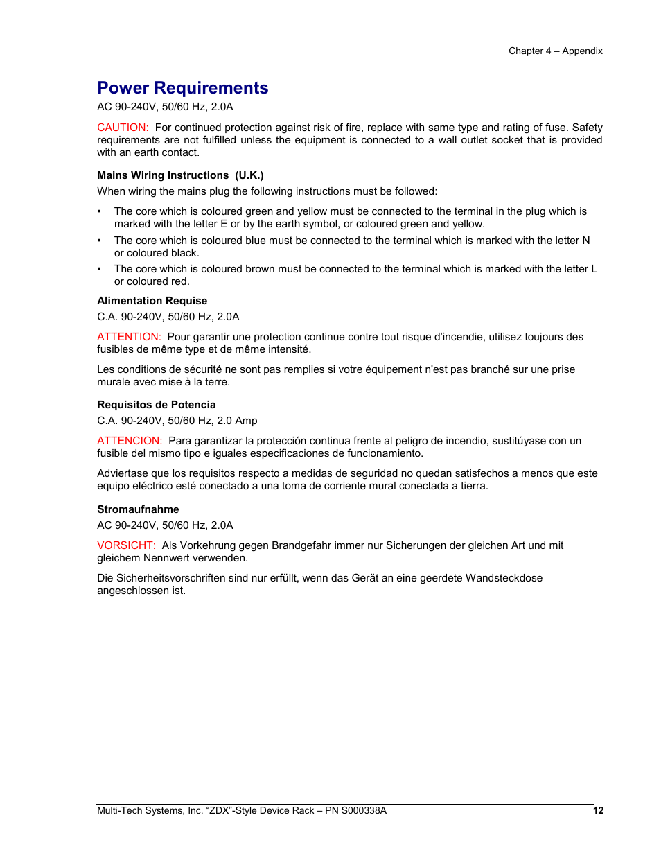 Power requirements | Multi-Tech Systems ZDX Series User Manual | Page 12 / 13
