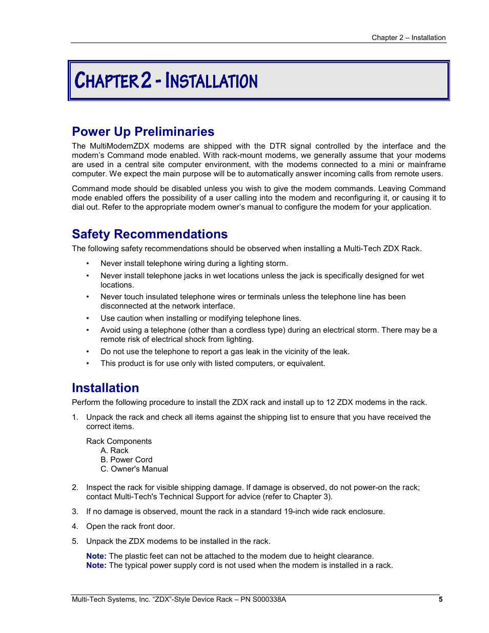 Ccc c, 2 - i, Hapter | Nstallation | Multi-Tech Systems ZDX Series User Manual | Page 5 / 13