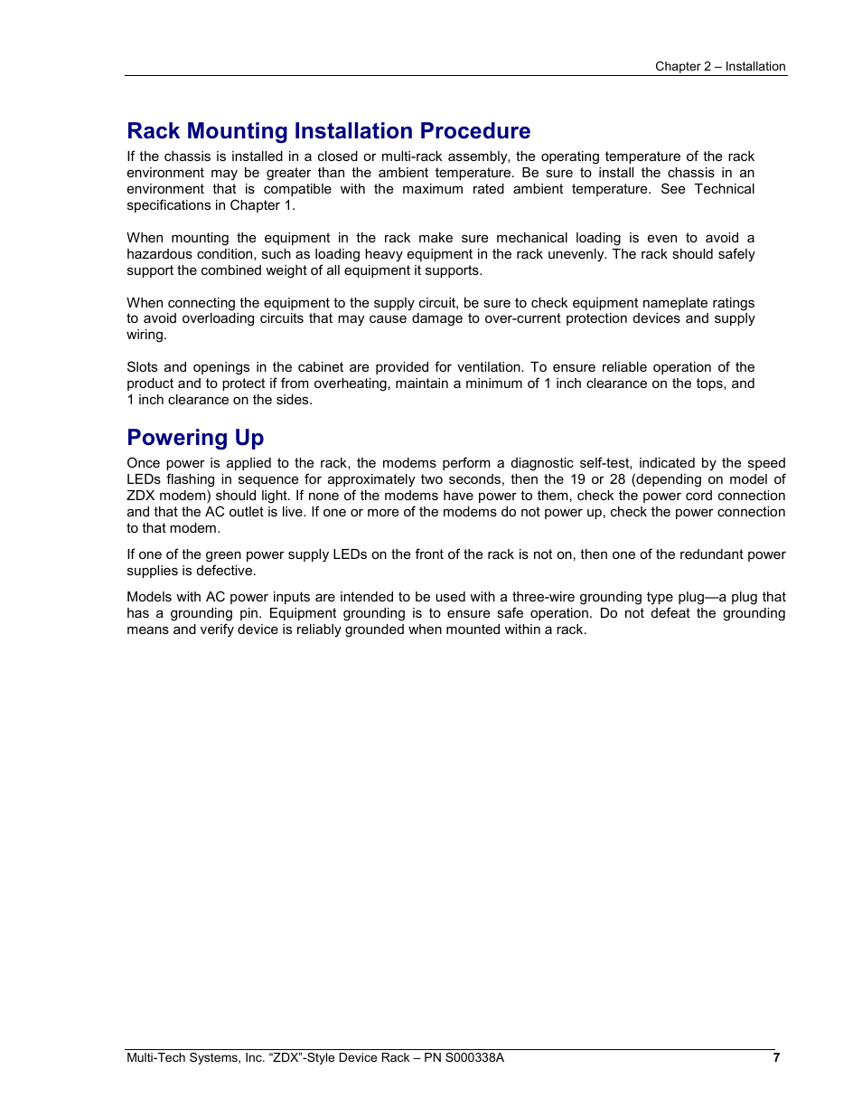 Rack mounting installation procedure, Powering up | Multi-Tech Systems ZDX Series User Manual | Page 7 / 13