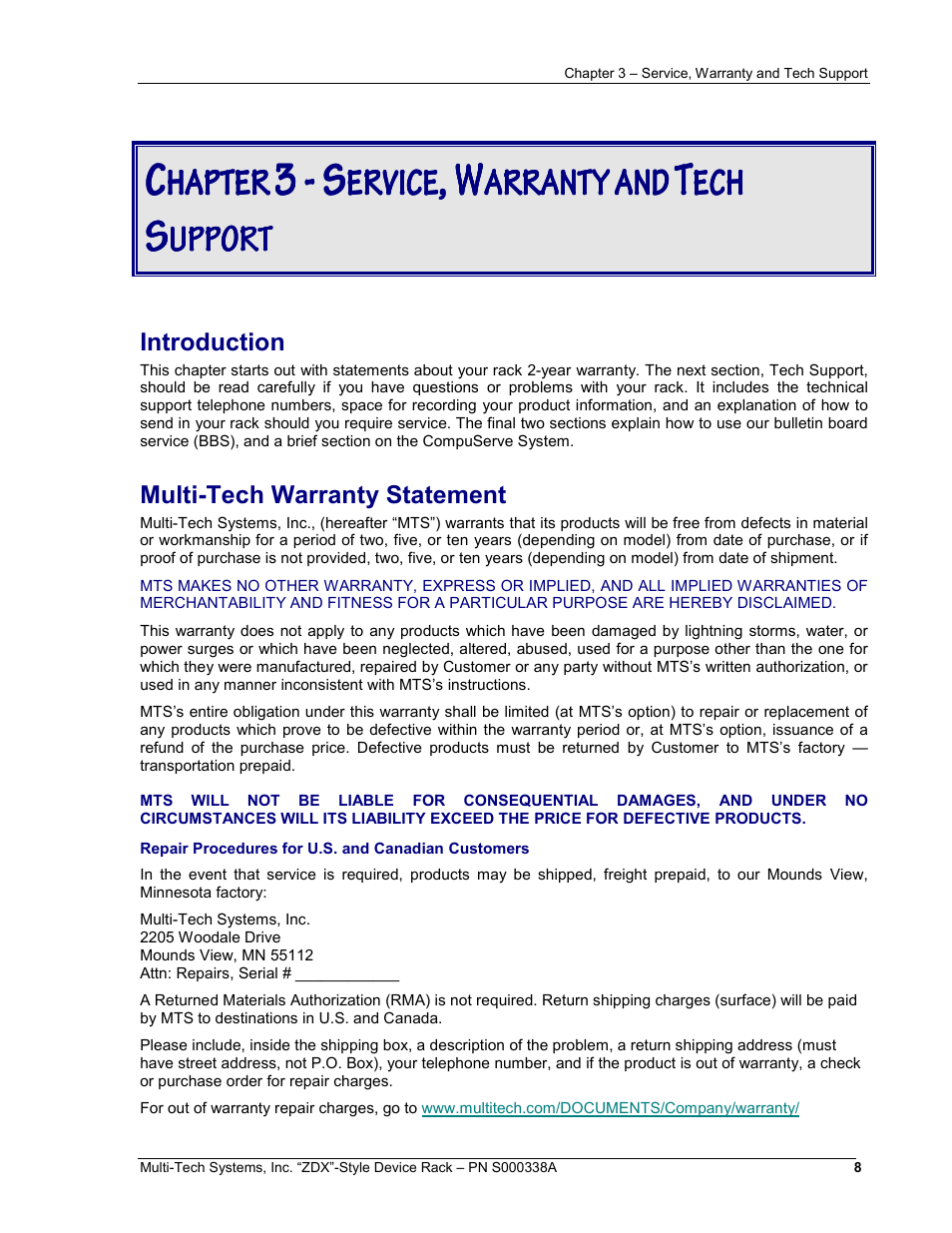 Ccc c, 3 - s, Hapter | Ervice, Arranty and, Upport | Multi-Tech Systems ZDX Series User Manual | Page 8 / 13