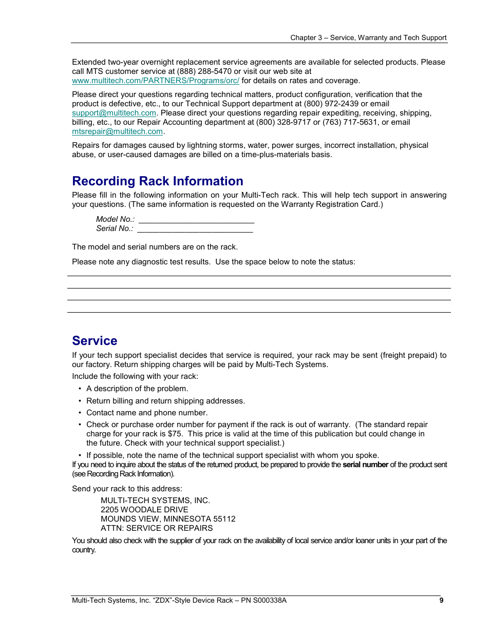 Recording rack information, Service | Multi-Tech Systems ZDX Series User Manual | Page 9 / 13