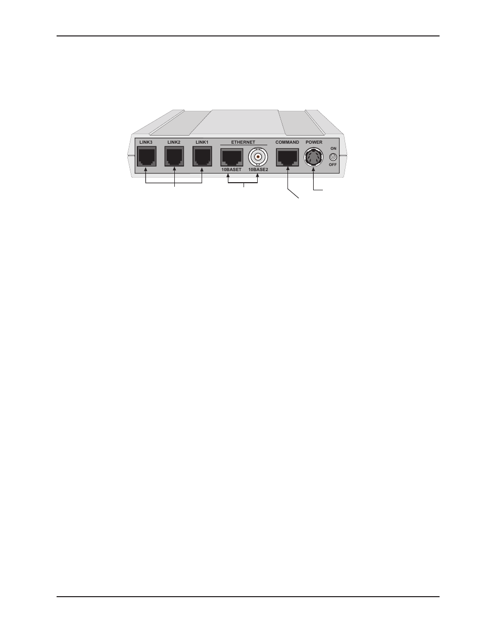 Back panel, Link 1 (2 and 3) connector, Ethernet 10base-t connector | Ethernet 10base-2 connector, Command connector, Power connector | Multi-Tech Systems MTASR3-200 User Manual | Page 13 / 82