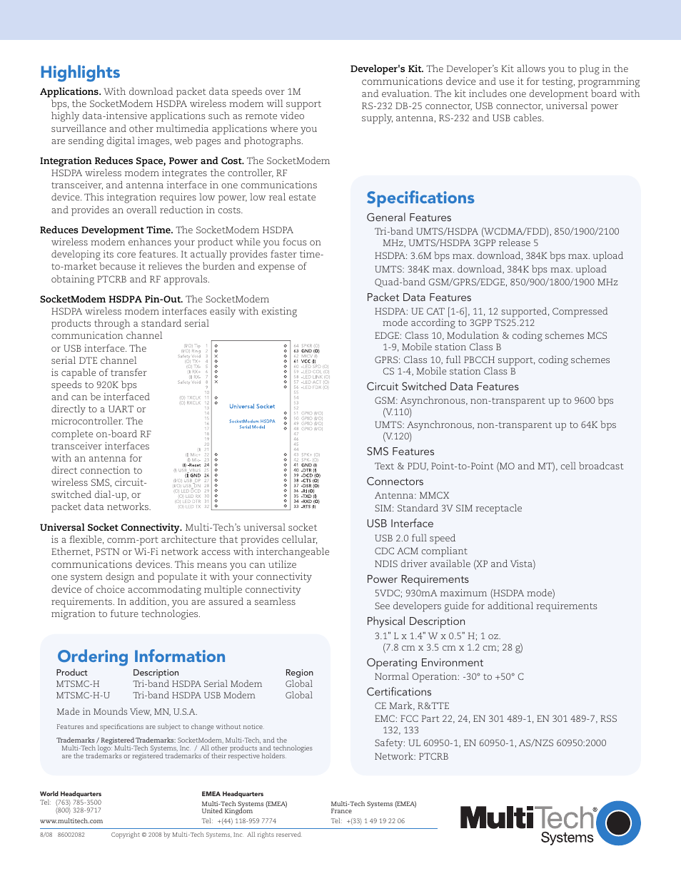 Highlights, Ordering information, Specifications | Multi-Tech Systems SocketModem UL60950-1 User Manual | Page 2 / 2