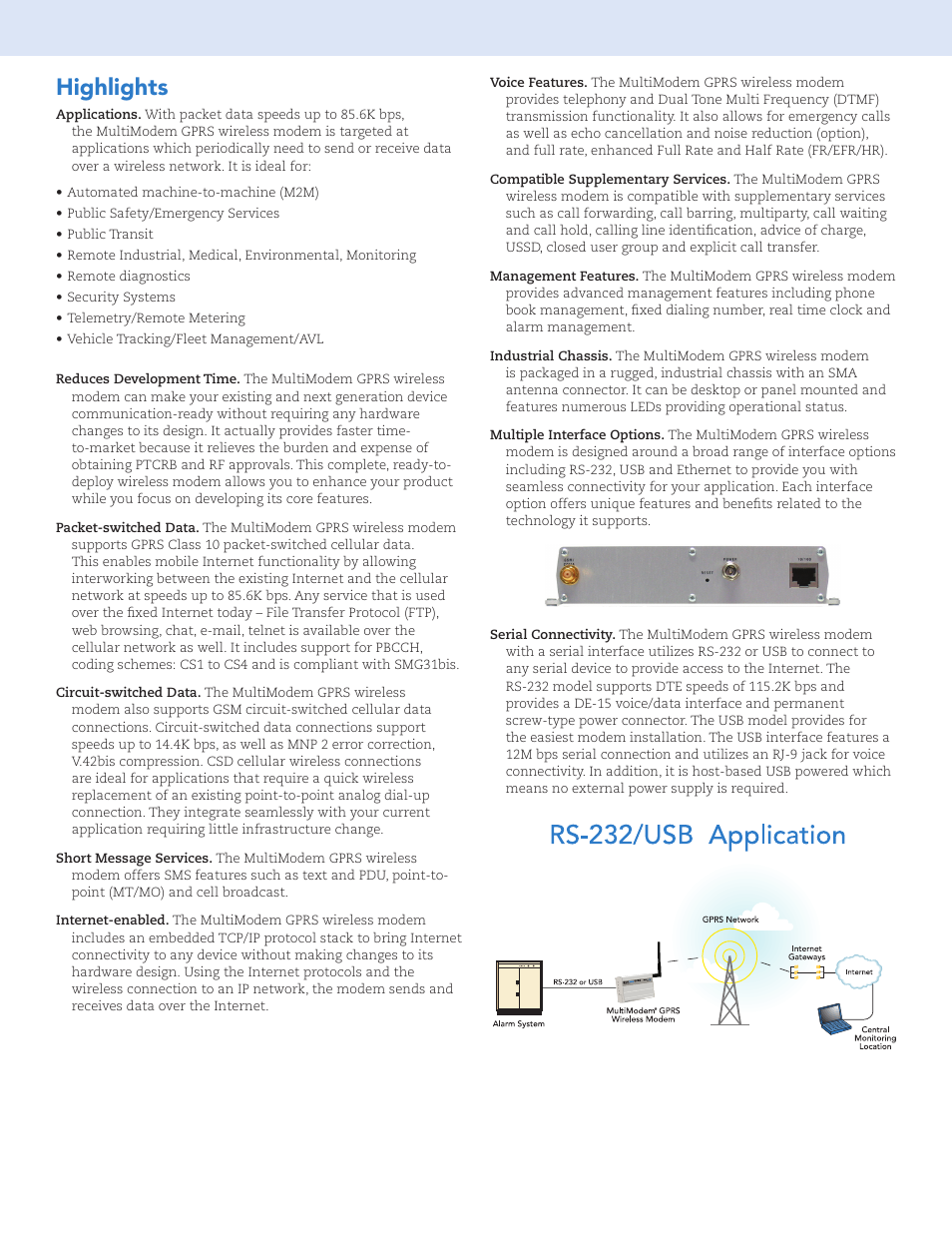 Highlights | Multi-Tech Systems MultiModem GPRS RS-232 User Manual | Page 2 / 4