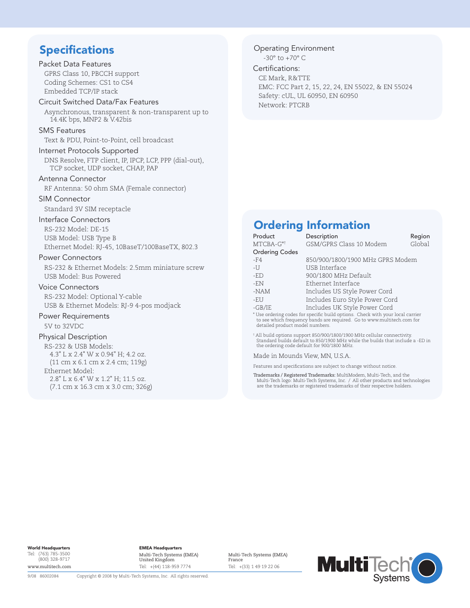 Specifications, Ordering information | Multi-Tech Systems MultiModem GPRS RS-232 User Manual | Page 4 / 4