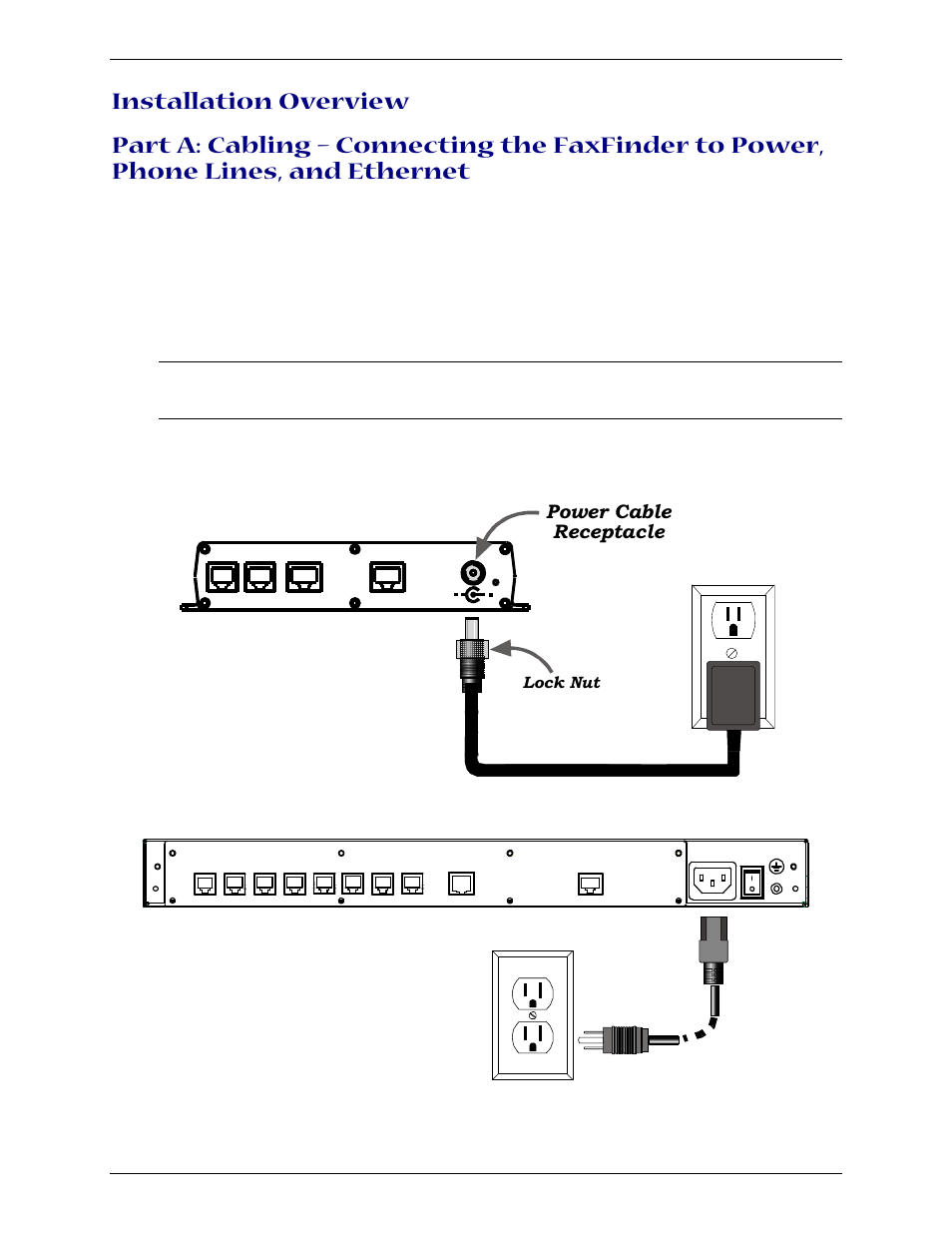 Installation overview, Connect faxfinder to ac outlet, Power cable receptacle | Multi-Tech Systems Multi-Tech FaxFinder FF820 User Manual | Page 14 / 207