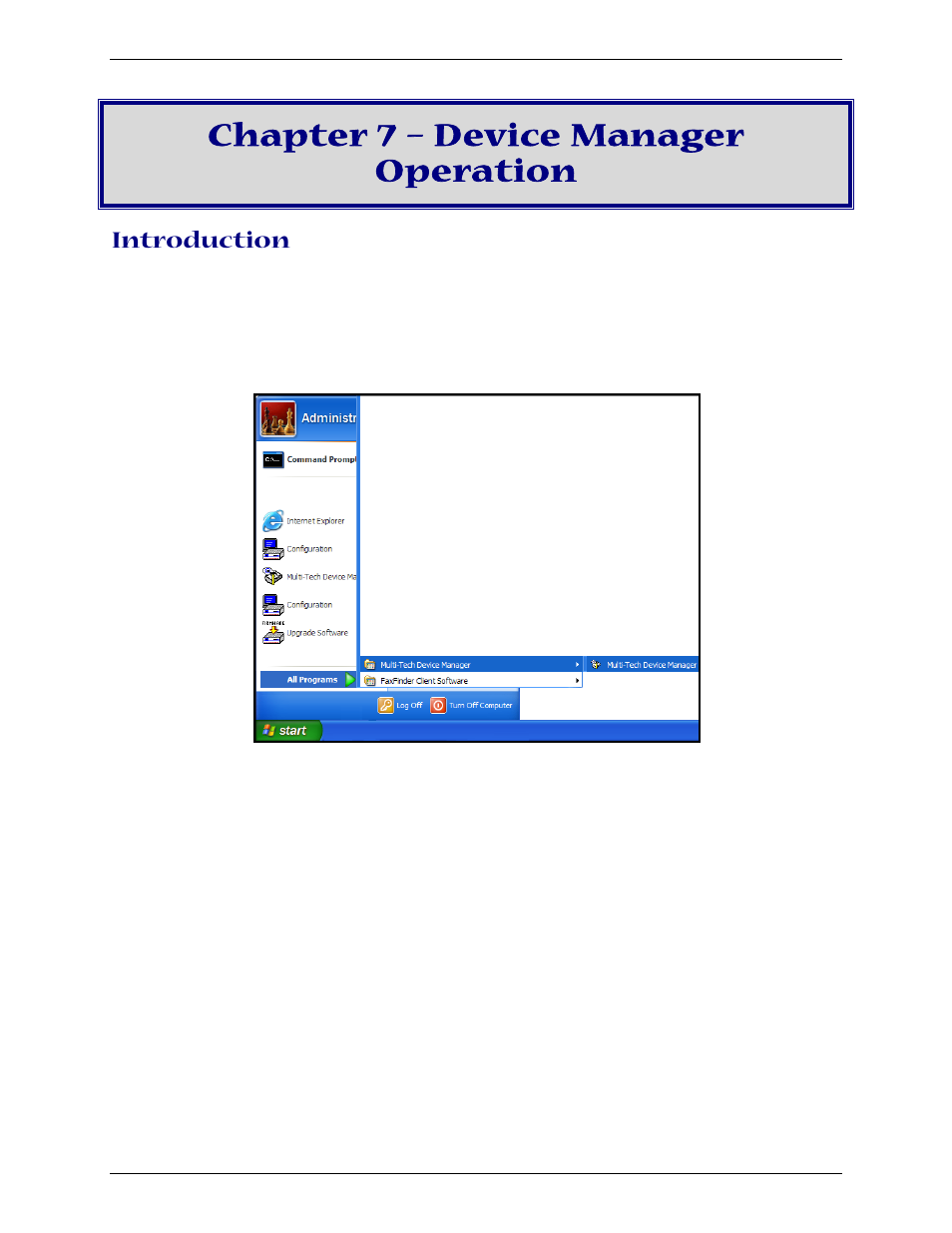 Chapter 7 – device manager operation, Opening the device manager software, Eration | Introduction | Multi-Tech Systems Multi-Tech FaxFinder FF820 User Manual | Page 150 / 207