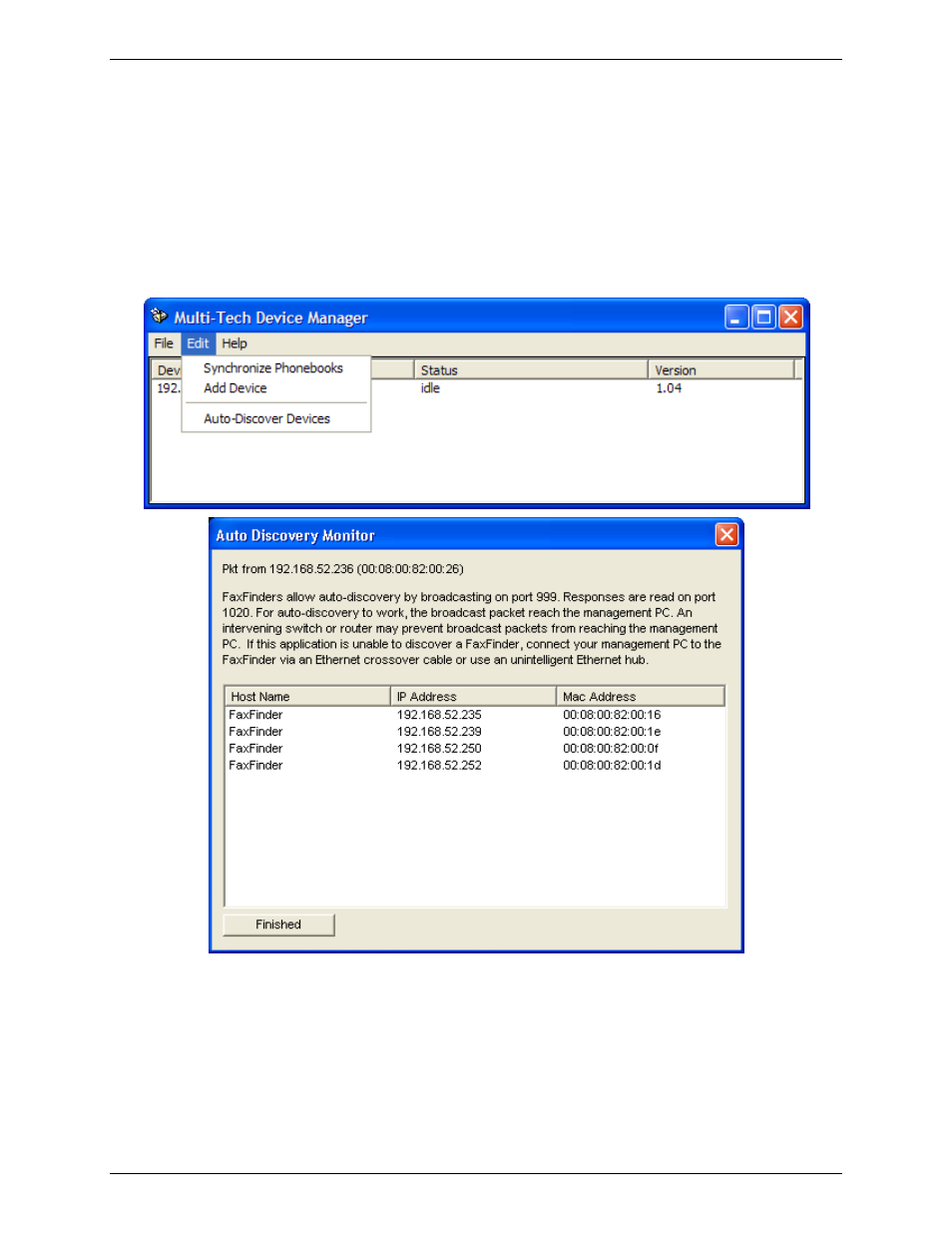 Using the auto-discovery monitor | Multi-Tech Systems Multi-Tech FaxFinder FF820 User Manual | Page 159 / 207