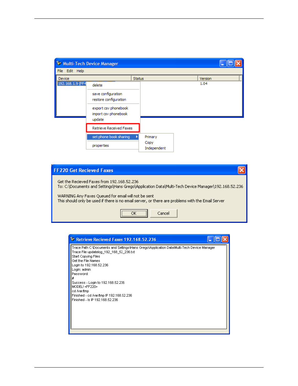 Retrieving received faxes | Multi-Tech Systems Multi-Tech FaxFinder FF820 User Manual | Page 173 / 207