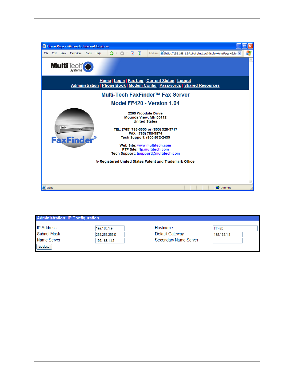 Setting faxfinder ip addresses, Resetting admin pc to its regular ip address | Multi-Tech Systems Multi-Tech FaxFinder FF820 User Manual | Page 31 / 207