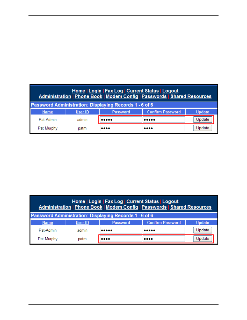 Changing administrator server password, Specifying administrator’s client password | Multi-Tech Systems Multi-Tech FaxFinder FF820 User Manual | Page 38 / 207