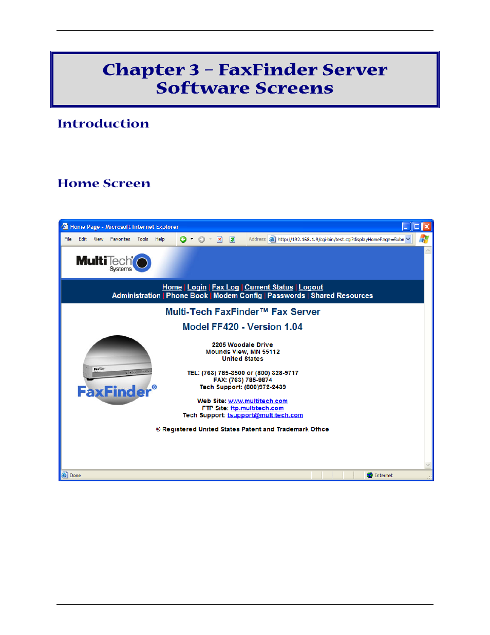Chapter 3 – faxfinder server software screens, Home screen, Introduction | Multi-Tech Systems Multi-Tech FaxFinder FF820 User Manual | Page 42 / 207