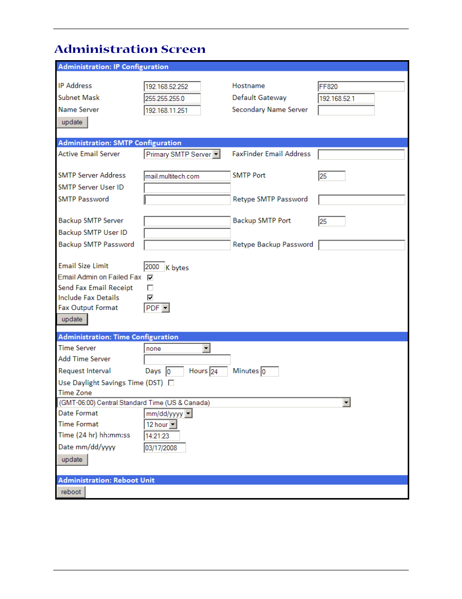 Administration screen | Multi-Tech Systems Multi-Tech FaxFinder FF820 User Manual | Page 50 / 207