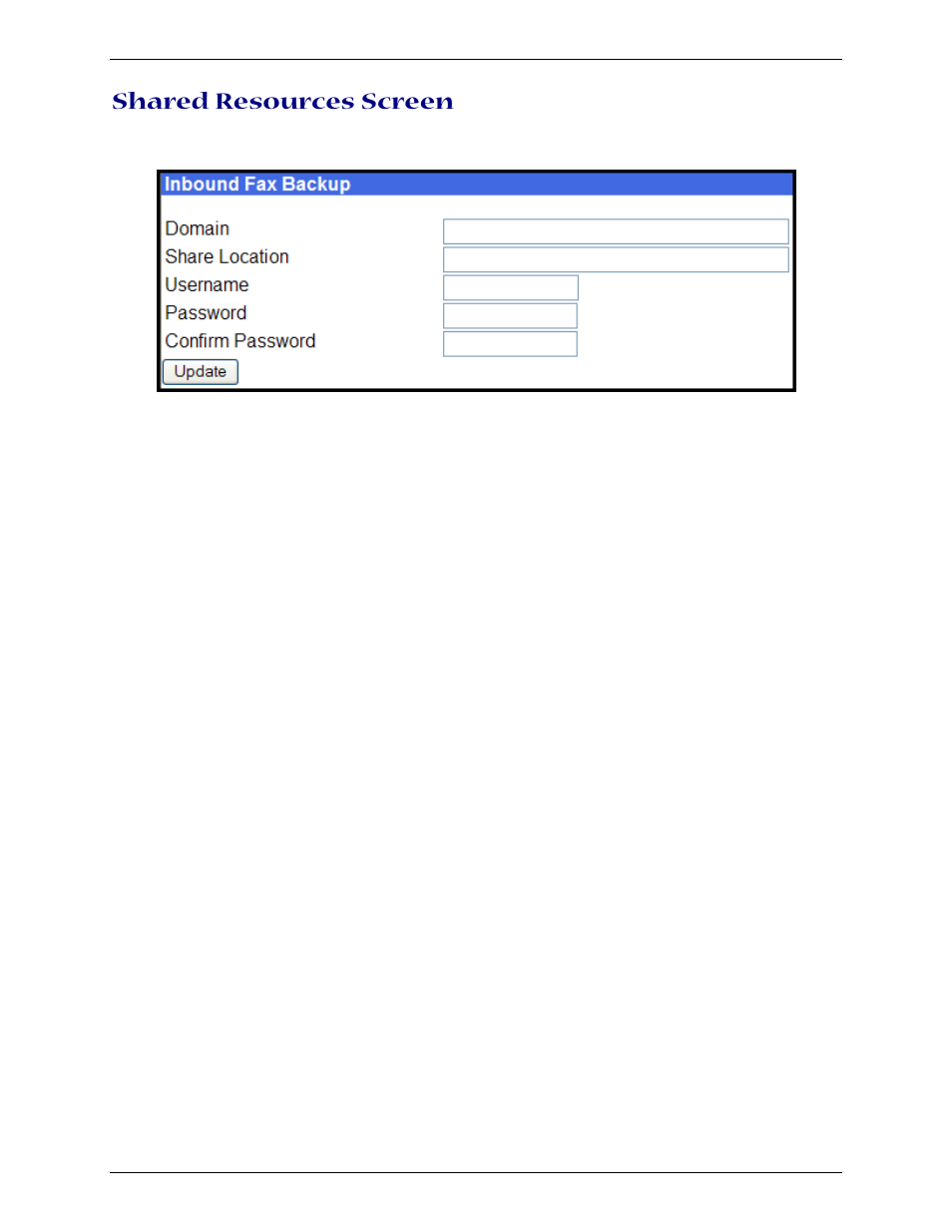 Shared resources screen | Multi-Tech Systems Multi-Tech FaxFinder FF820 User Manual | Page 61 / 207