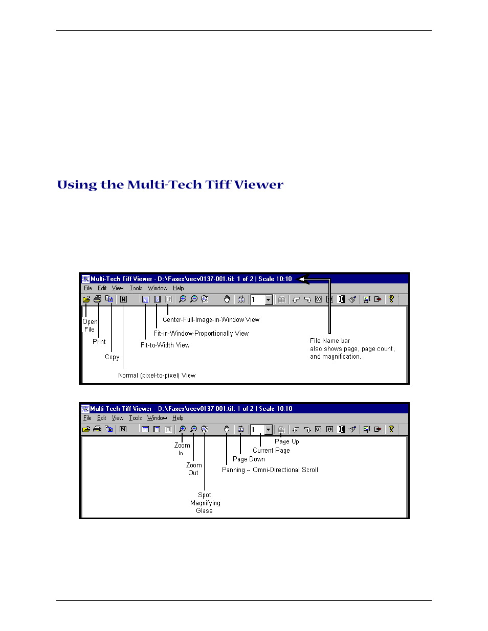 Using the multi-tech tiff viewer, Frequently used commands – toolbar icons | Multi-Tech Systems Multi-Tech FaxFinder FF820 User Manual | Page 99 / 207
