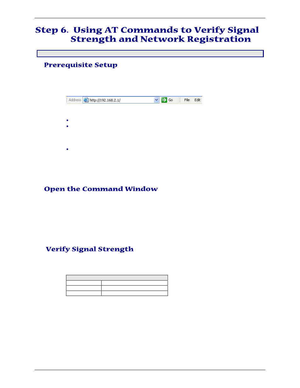 Prerequisite setup, Open the command window, Verify signal strength | Multi-Tech Systems Multimodem RJ-9 User Manual | Page 16 / 62