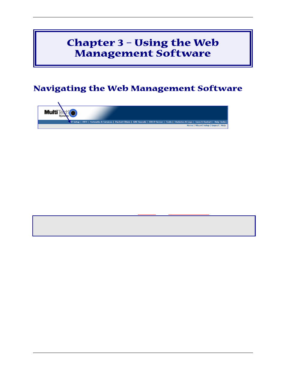 Chapter 3 – using the web management software, Navigating the web management software | Multi-Tech Systems Multimodem RJ-9 User Manual | Page 22 / 62