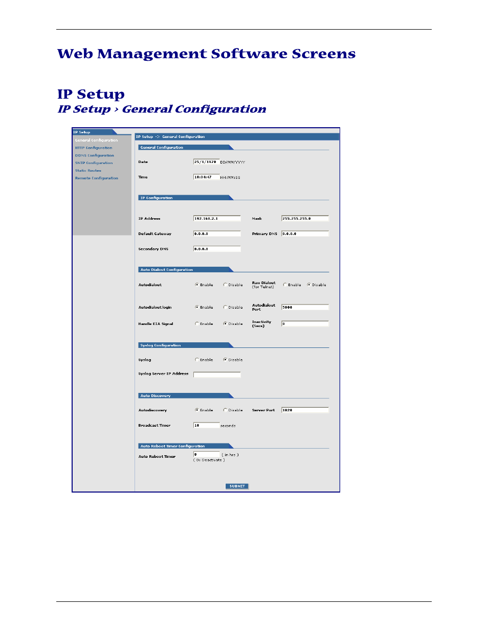 Web management software screens, Ip setup, Ip setup > general configuration | Multi-Tech Systems Multimodem RJ-9 User Manual | Page 24 / 62