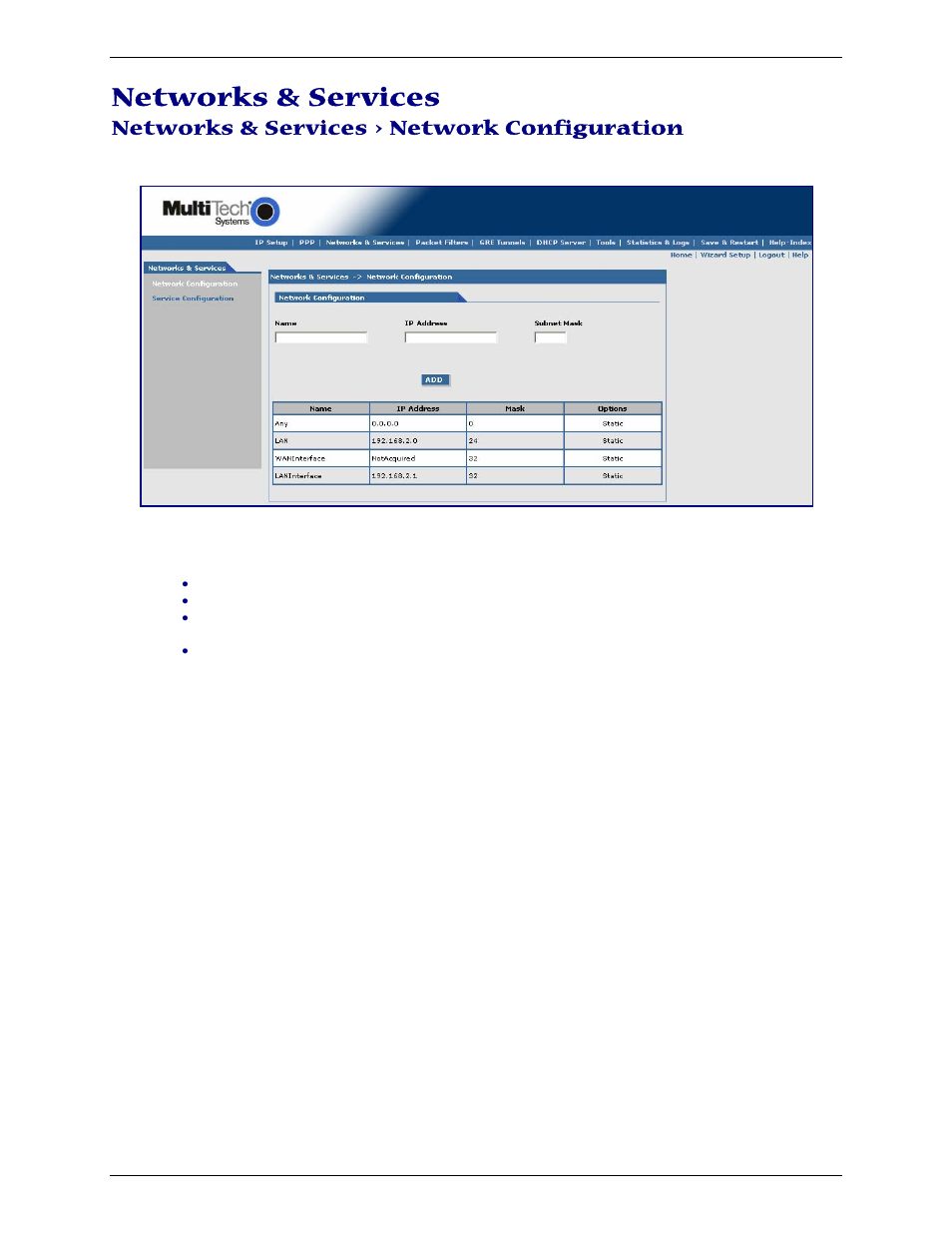 Networks & services, Networks & services > network configuration | Multi-Tech Systems Multimodem RJ-9 User Manual | Page 37 / 62